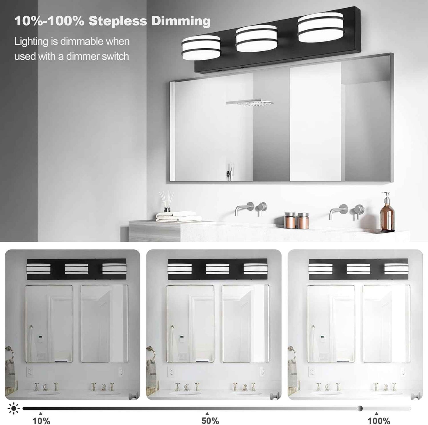 LED Chrome 3-Light Dimmable Bathroom Vanity Light Fixture - Modern Acrylic & Stainless Steel Over Mirror Lighting