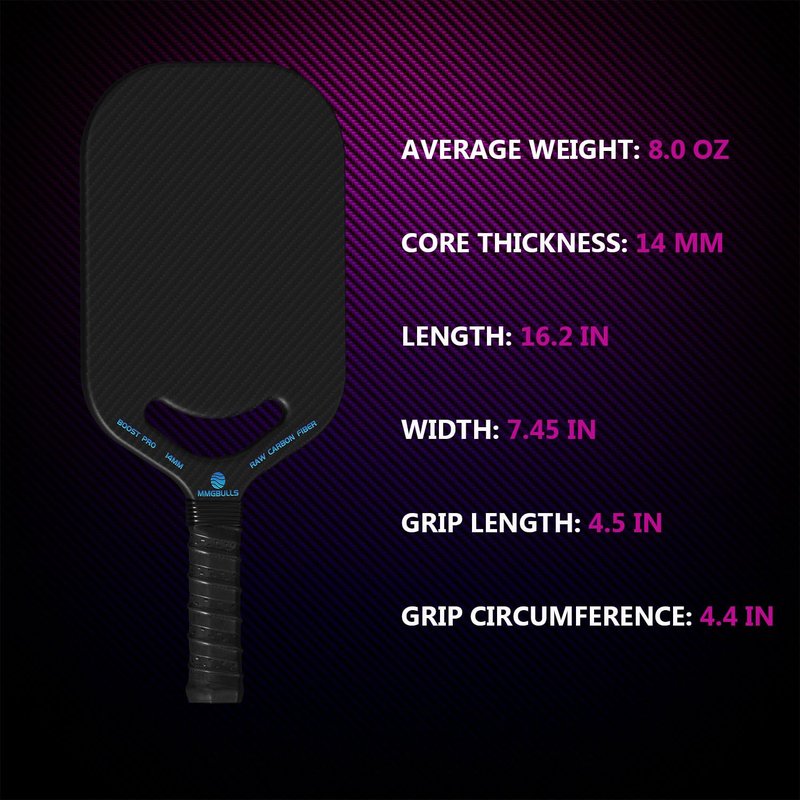 MMGBULLS Boost PRO Pickleball Paddle, 3K Raw Carbon Fiber, Foam Injected Walls, 14MM Polypropylene Honeycomb Core with Air Throat, Cushion Comfort Grip