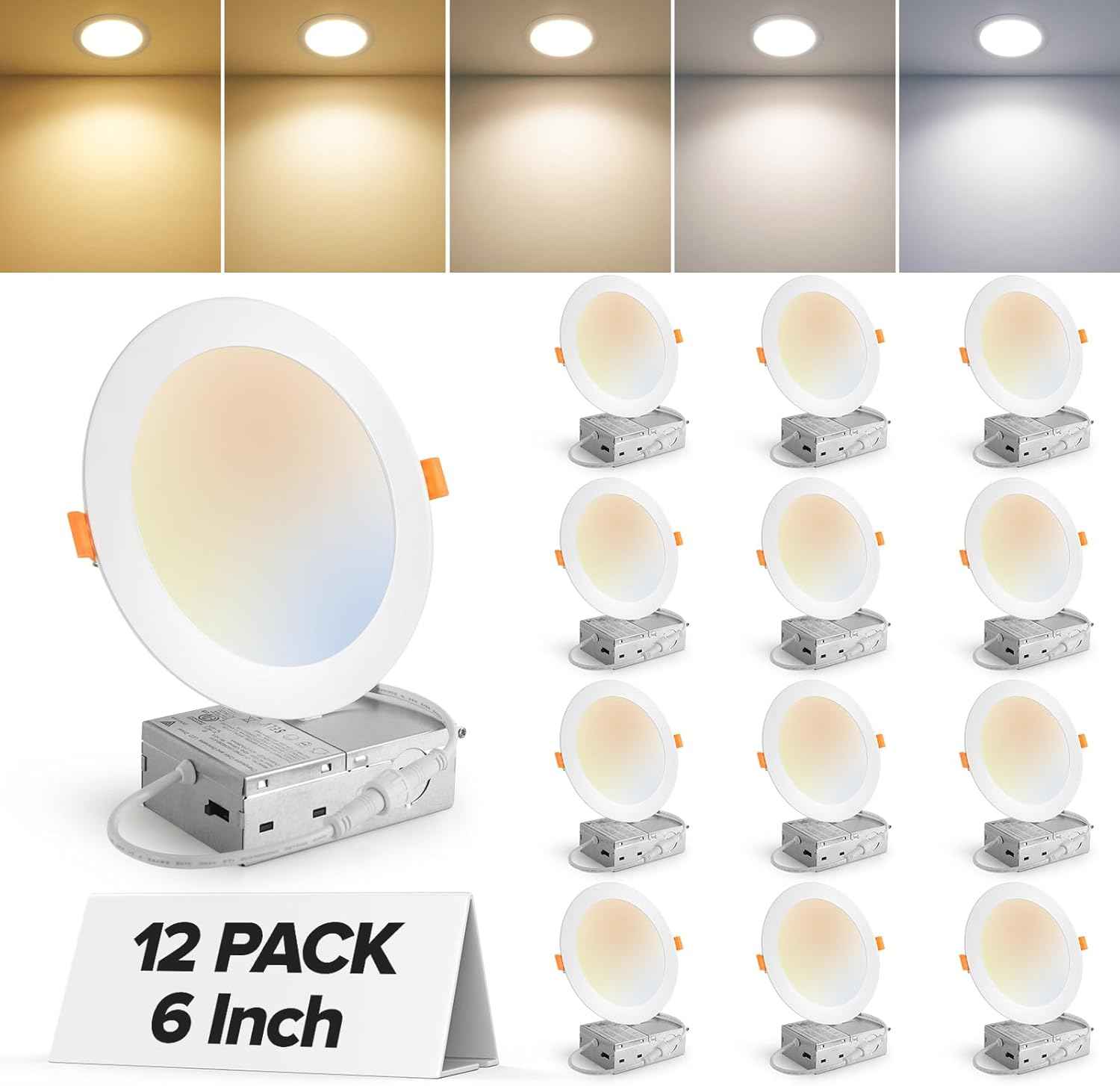 Ultra-Thin 12 Pack 6-Inch Dimmable LED Recessed Lighting - 5CCT Selectable, 1050LM, ETL