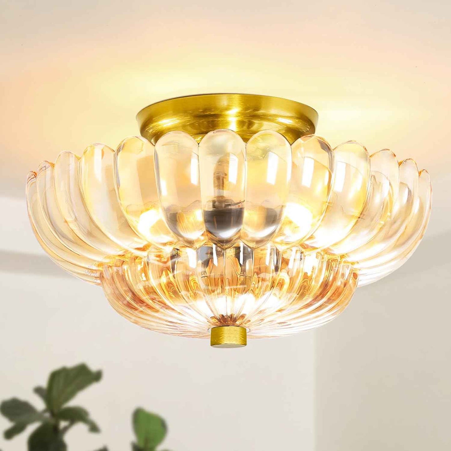Modern Semi Flush Mount Ceiling Light Fixture with Brown Glass & Black Base - Ideal for Living Room, Kitchen, Bedroom, Hallway (Bulb Not Included)