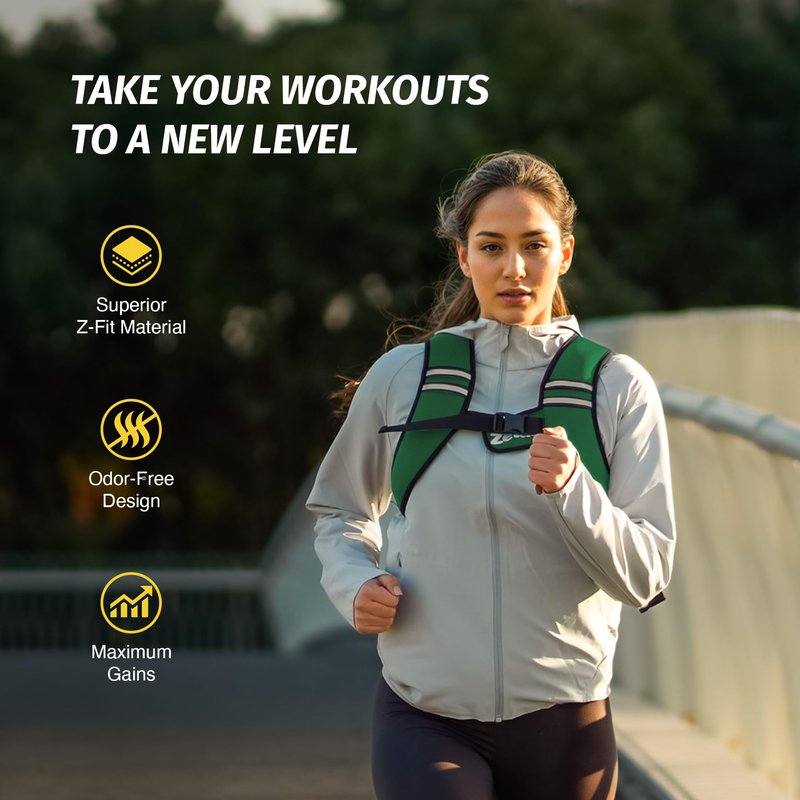 ZELUS Weighted Vest, Washable Z-Fit Soft Iron Weighted Vest for Women and Men, 5/10/15 lb Weight Vest with Reflective Strips & Adjustable Straps, Ultra Thin Weight Vest for Gym Strength Training (10lb) Green