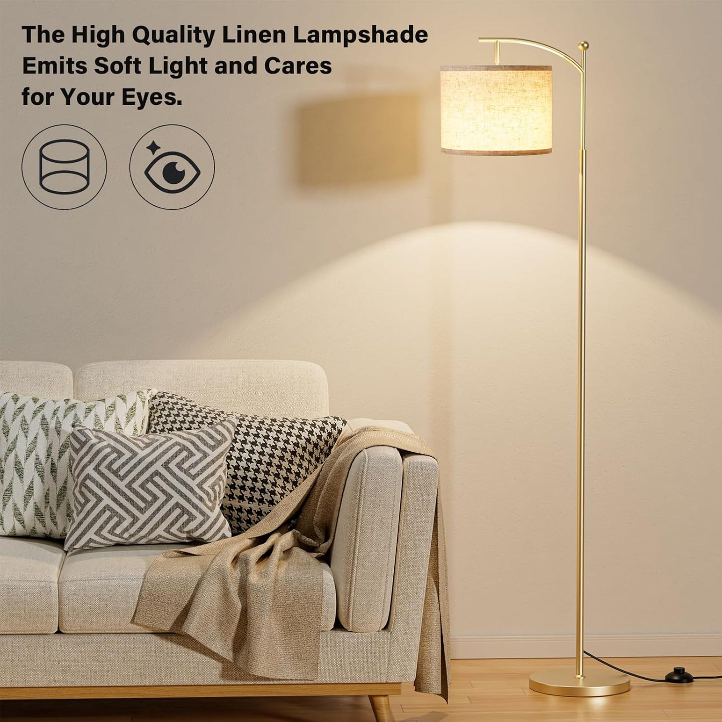 Modern 60" Floor Lamp with Remote Control & Dimmable LED Bulb - Beige Shade, Adjustable Brightness for Living Room