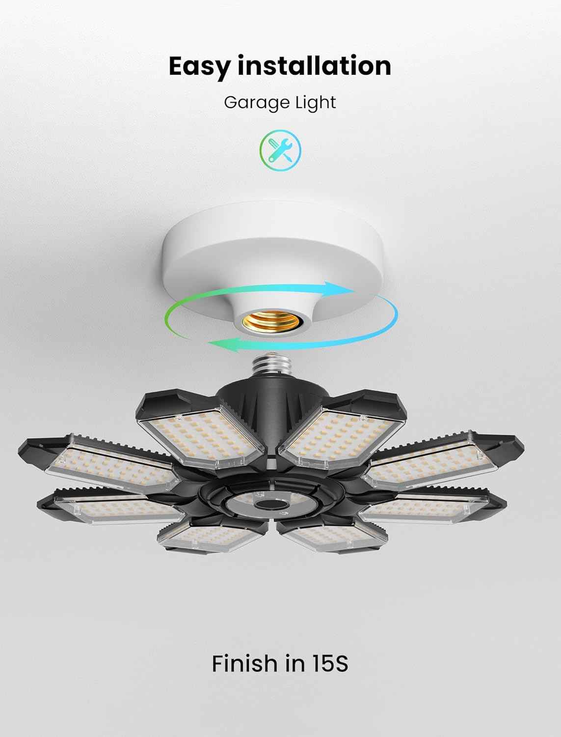 250W LED Garage Lights - 25,000LM Deformable Ceiling Light with 8 Adjustable Panels, E26/E27 Socket - 4 Pack