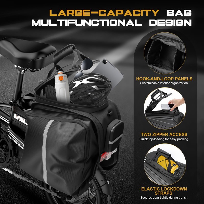 PIREKZUNT Bike Rack Bags, Hard Shell E Bike 30L Rear Rack Bag, Large Ebike Pannier with Waterproof Cover and Shoulder Strap for Commuter Travel Outdoor