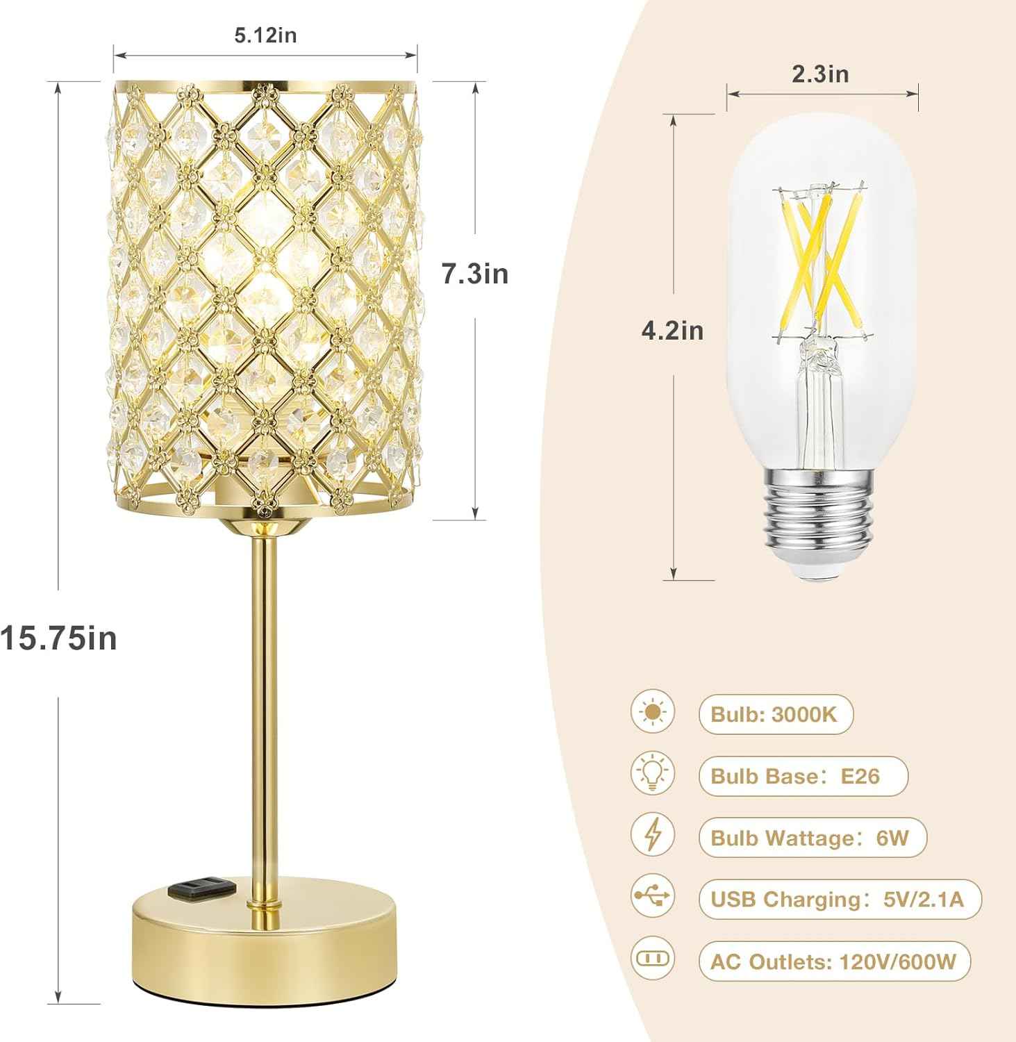 Dimmable Touch Control Crystal Table Lamp Set of 2 with USB-C & AC Ports - Elegant Nightstand Lighting for Bedroom & Living Room