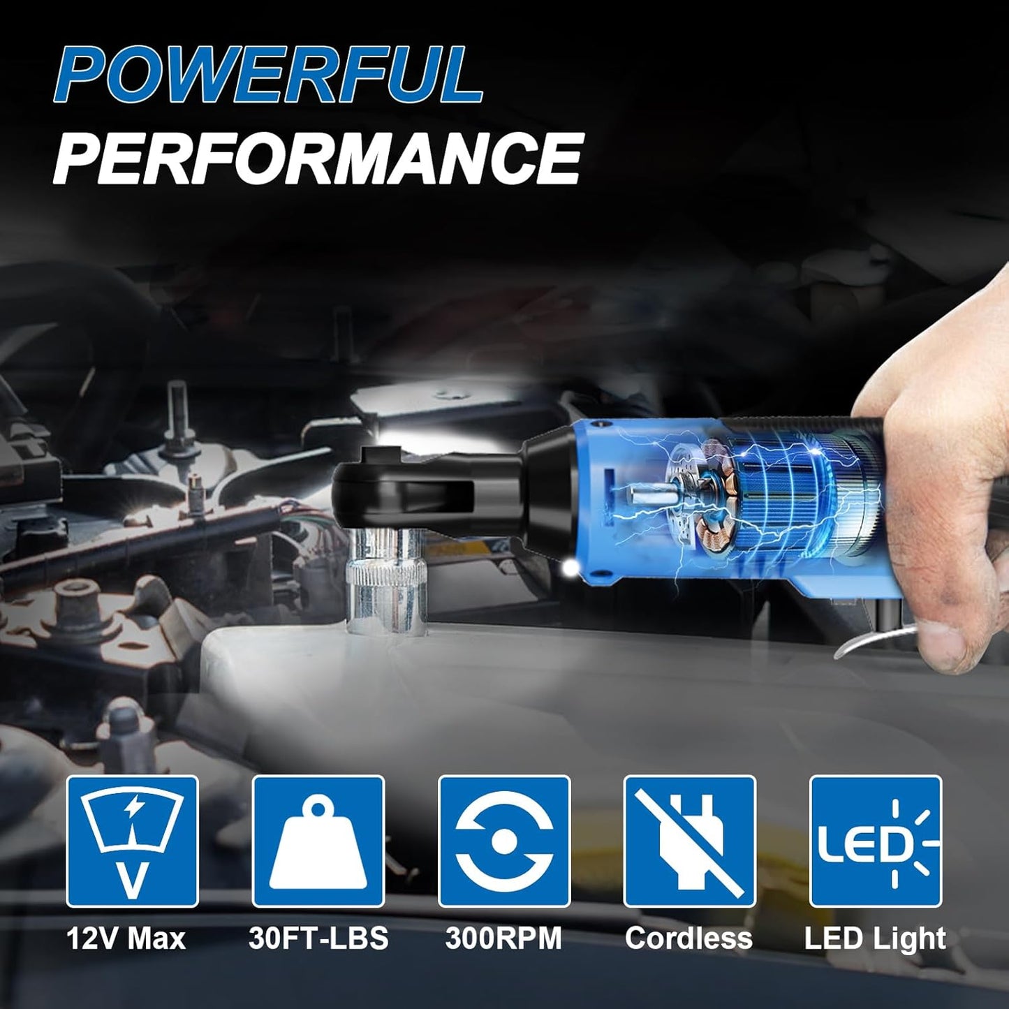 AZZUNO Cordless Electric Ratchet Wrench Set - 30 Ft-lbs, 300 RPM, 2 Batteries & 7 Sockets