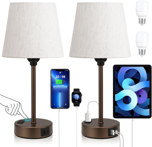 Set of 2 Mini Bedside Lamps with USB-C & AC Outlet - Dimmable Touch Nightstand Lights for Bedrooms