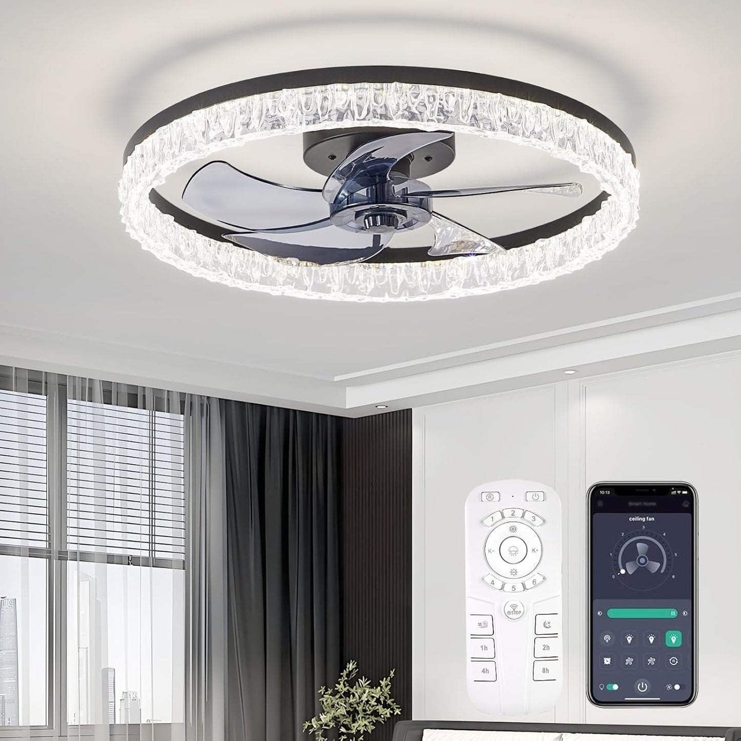 Flush Mount Ceiling Fan with Lights & Remote - 6 Speed Low Profile for Bedroom & Small Rooms