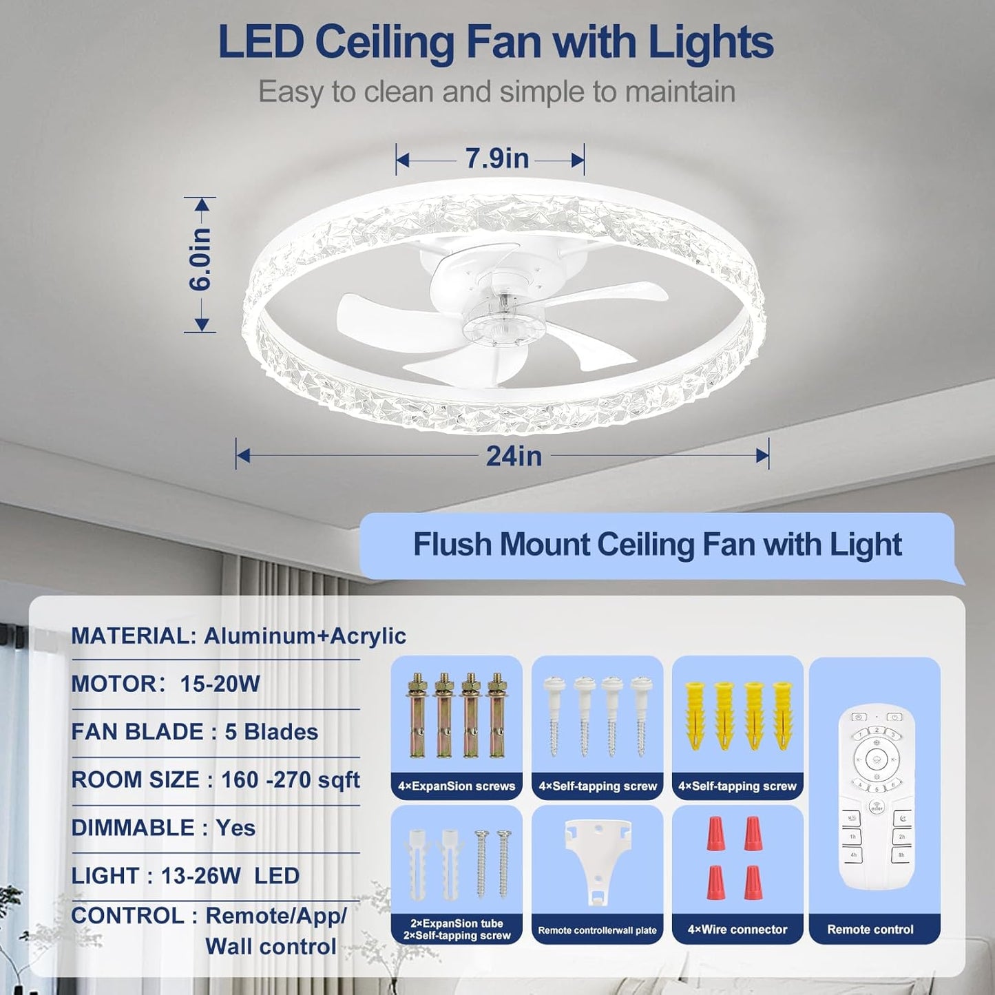 Flush Mount Ceiling Fan with Lights & Remote - 6 Speed Low Profile for Bedroom & Small Rooms