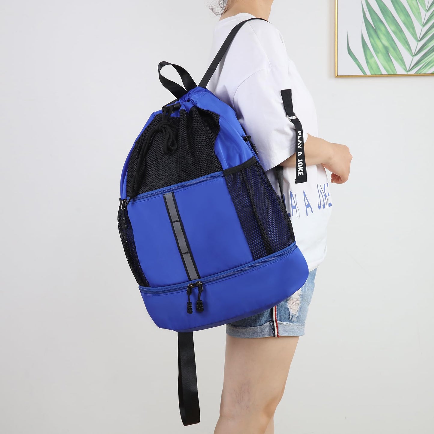 Valleycomfy Drawstring Gym Bag Sports Backpack With Shoe Compartment and Reflective Strips Royal Blue