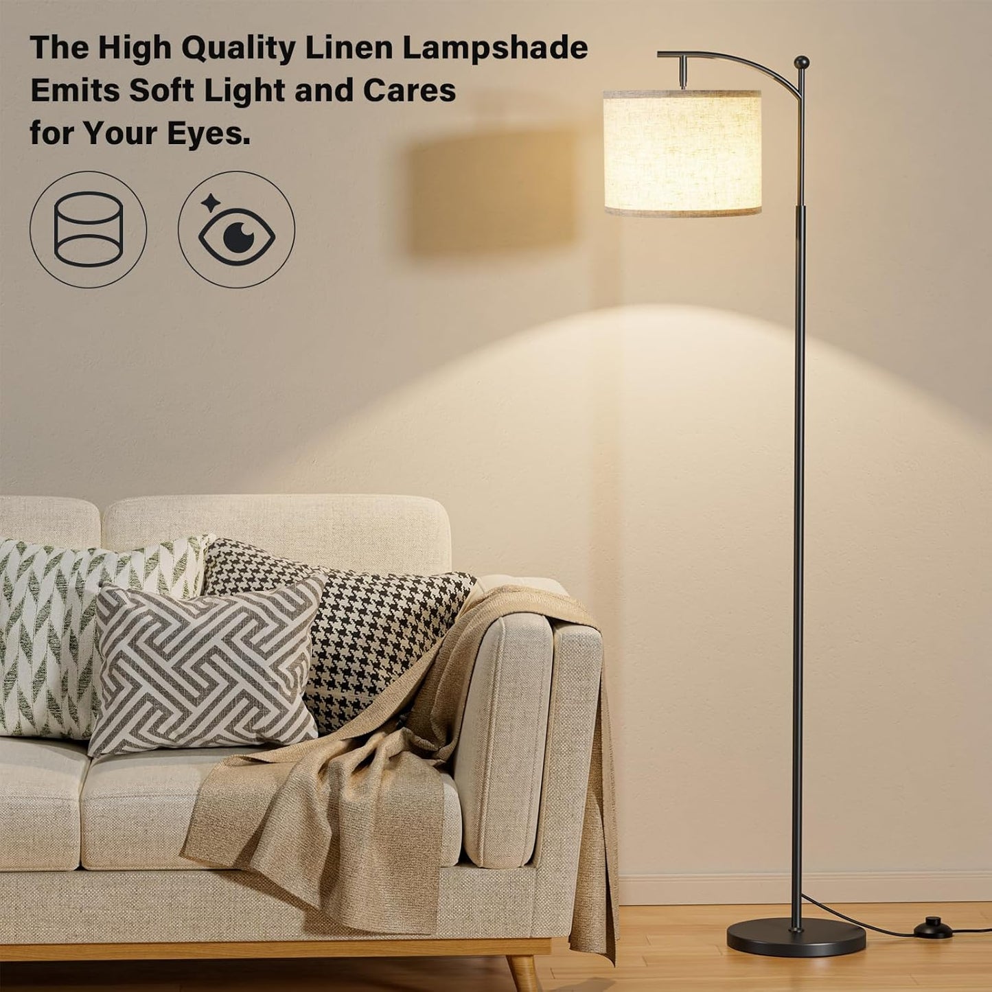 Modern 60" Floor Lamp with Remote Control & Dimmable LED Bulb - Beige Shade, Adjustable Brightness for Living Room