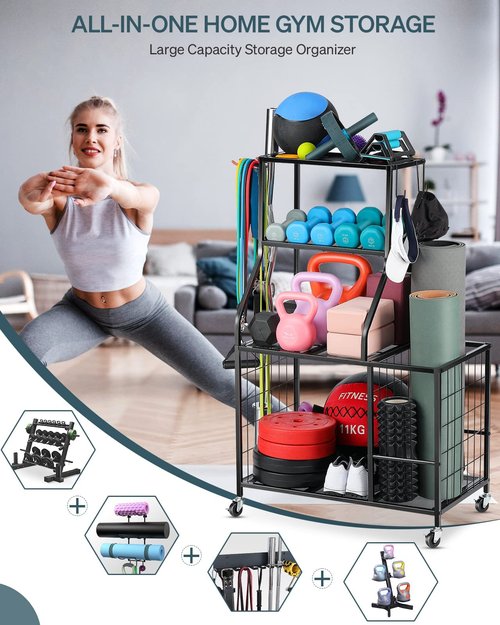 Weight Rack For Dumbbells Storage - Home Gym Storage Yoga Mat Storage Rack Workout Equipment Storage Rack for Kettlebells, Multifunction Exercise Equipment Gym Rack Organizer with Wheels and Hooks