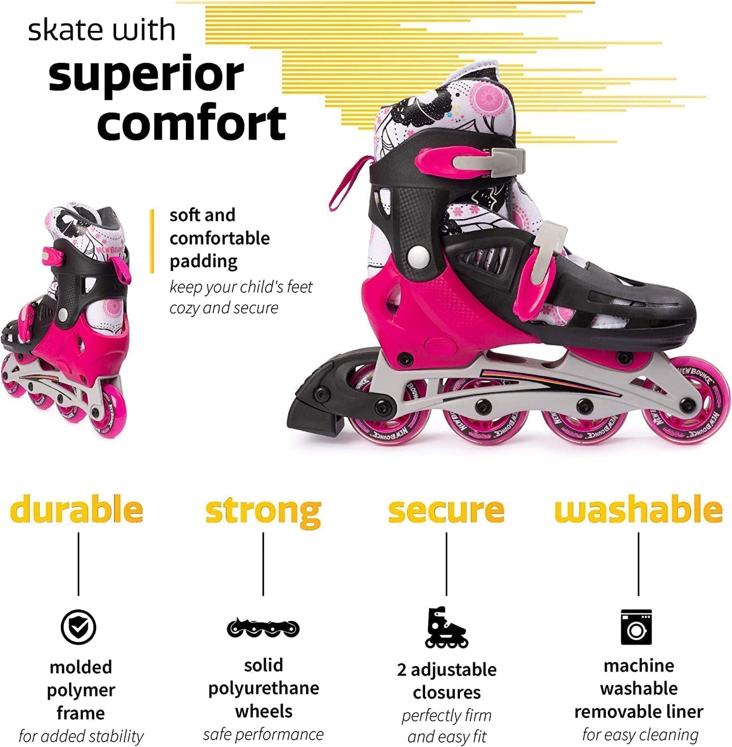 New Bounce Adjustable Inline Skates for Kids, 4 Wheel Skates, Pink, Medium, 2-6 US (EUR 36-39)