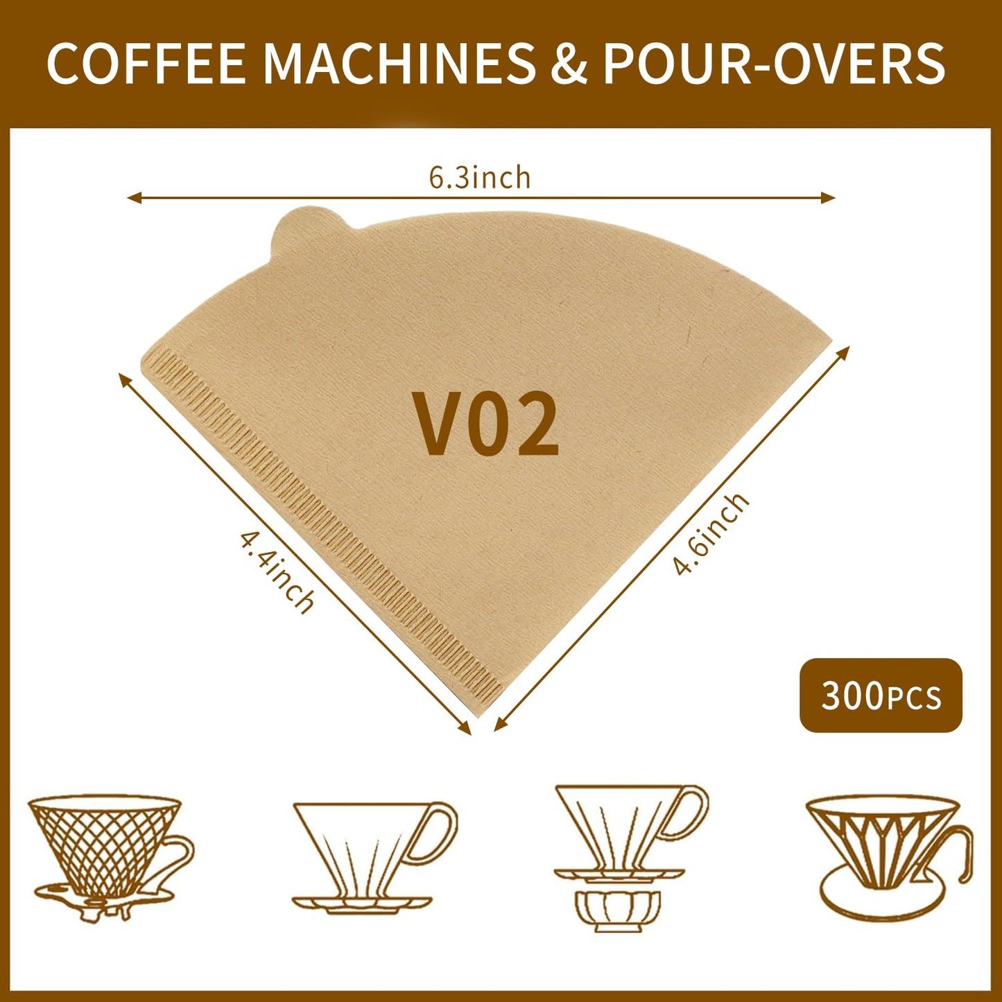 V60 Coffee Filters, 300 Count Size 02 Pour Over Coffee Filter, 1-4 Cups Disposable Cone Paper Coffee Filters 2, Compatible with Conical Shaped Dripper and Drip Coffee Maker,Natural