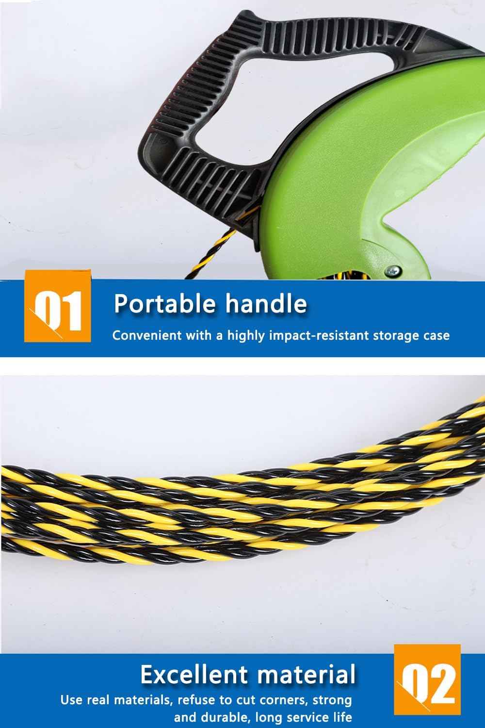 165ft Fish Tape Wire Puller - 1/6-Inch Electrical Fish Tape with Guide Spring & Ergonomic Handle