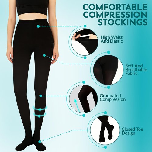 20-30mmHg Compression Pantyhose for Women Graduated Support Compression Tights Closed Toe Medical Compression Stockings High Waist Compression Leggings for Varicose Veins, Edema, DVT Black
