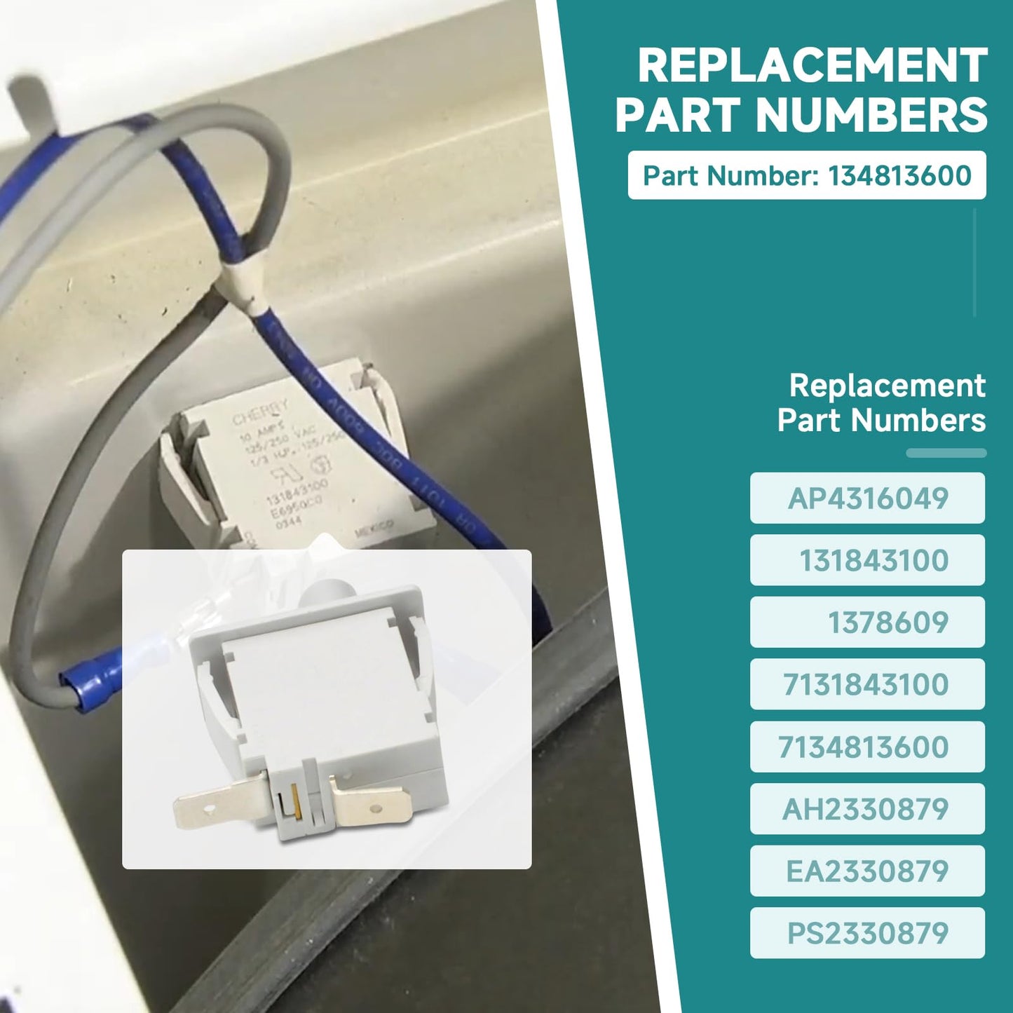 134813600 Dryer Door Switch Replacement for Electrolux, Frigidaire, Kenmore and other brand dryers. Replaces AP4316049, 131843100, 1378609, 7131843100, 7134813600, AH2330879, EA2330879 and PS2330879