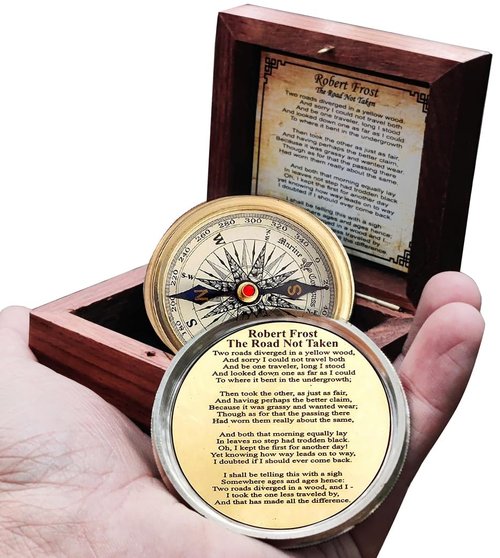 Antiqued Brass Robert Frost Poem Compass with Wooden Box, Inspirational Gifts for Woman, Aniversity Gifts for Men,Engraved,Wedding for Boys, Pocket Compass for Hiking Survival