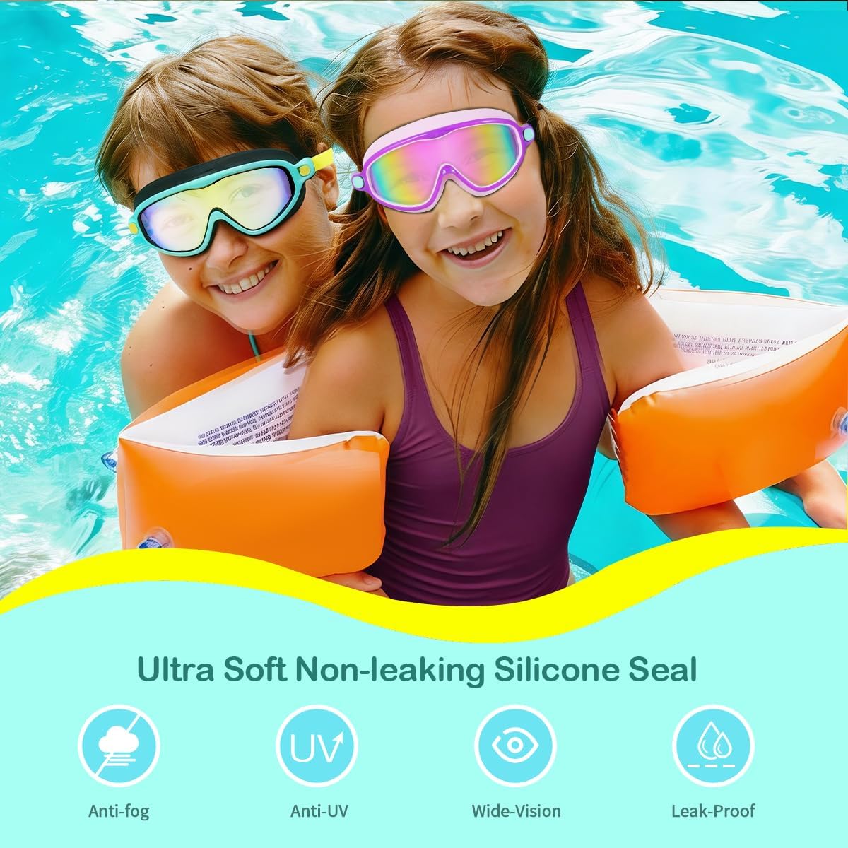Seago Swim Goggles - 2 Pack Anti-Fog & Anti-UV Wide View Goggles for Kids Ages 3-14