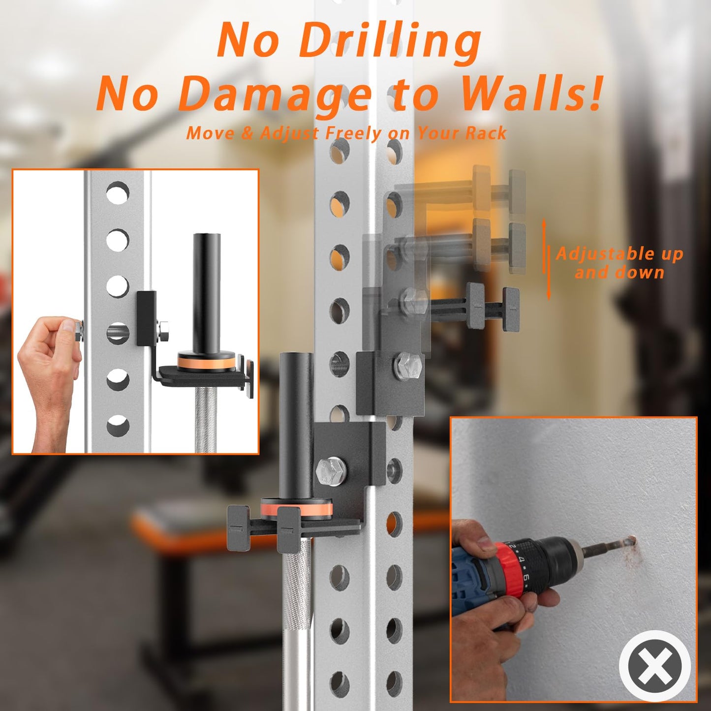 Heavy-Duty Steel Barbell Holder for 3x3 Inch Power Racksb No Drilling Required Fits 5/8’‘-1’’ Holes with Protective Rubber Padding Space-Saving Gym Storage Rack Secure Organizer for Olympic Bars