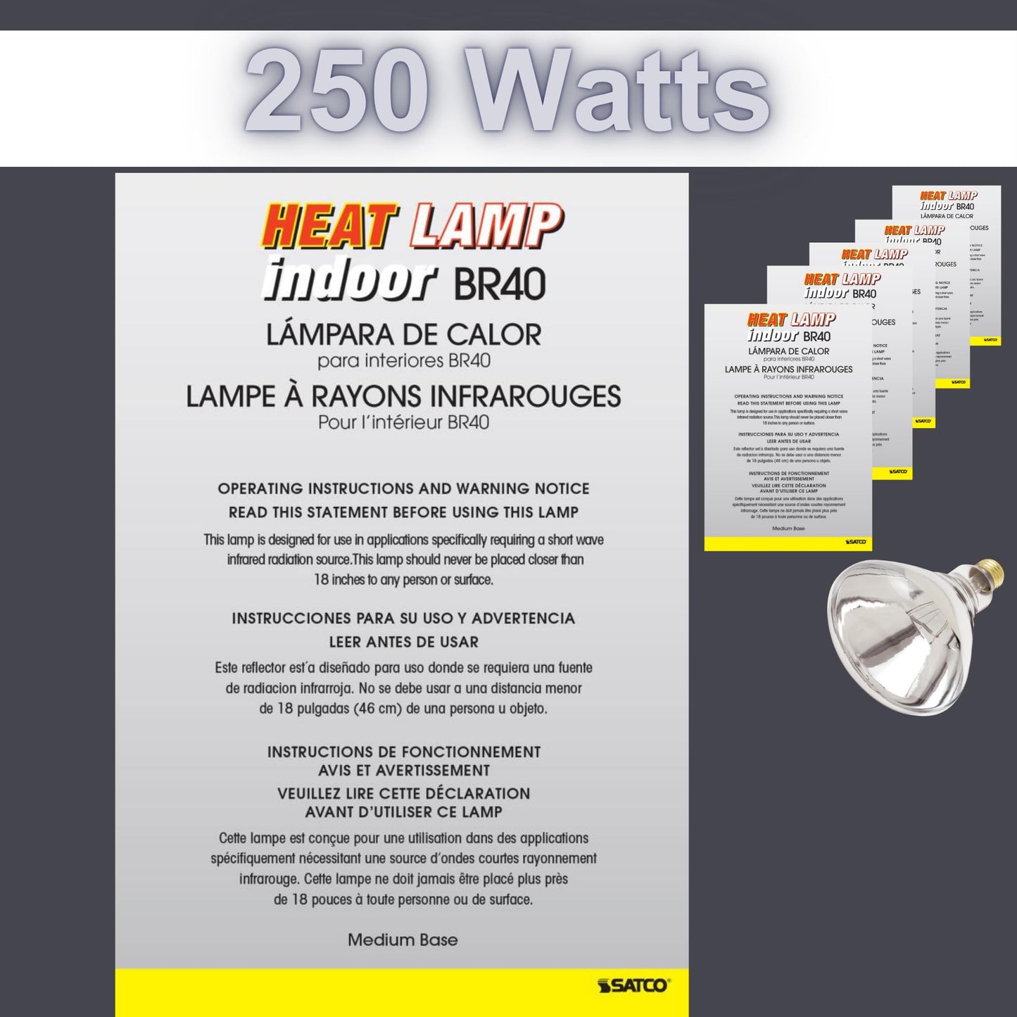 Satco S4999-250 Watt BR40 Heat Lamp Bulb – Clear Finish, Incandescent Reflector, Medium E26 Base, 2700K Warm White, 120V, Dimmable, 6000 Hour Life – CSAus Listed (2 Pack)