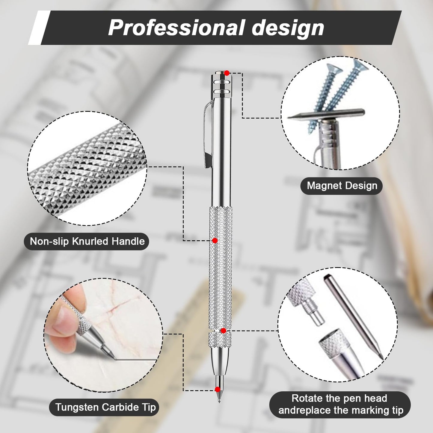 Ywmoml Tungsten Carbide Scriber Set for Metalworking - 5 Pens with 20 Tips & 6-Inch Ruler, Magnetic Knurled Engraving Tool for Steel/Glass/Ceramics, Welding Scribe Kit