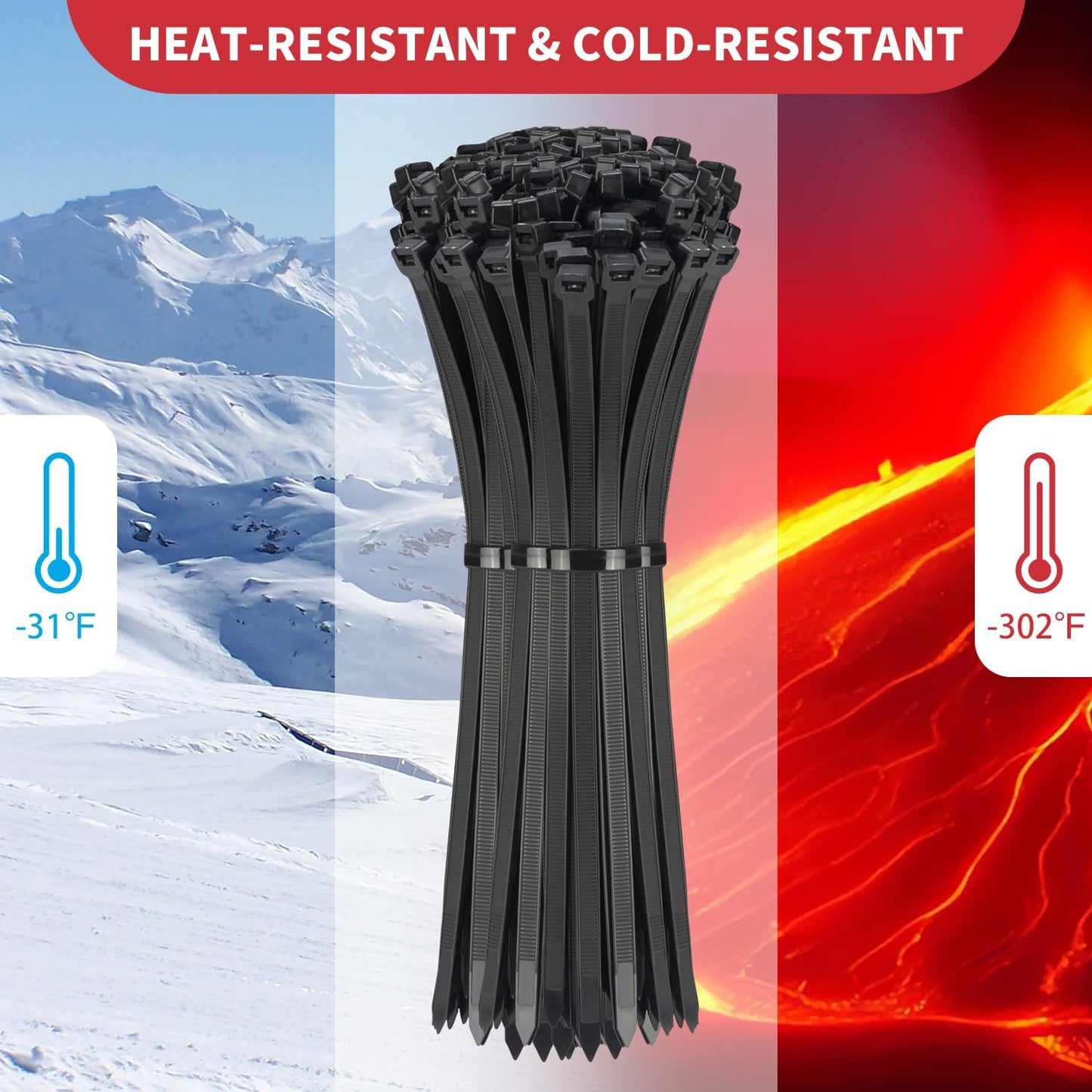 Heavy Duty Black Zip Ties - 500 Pack, Assorted Sizes 8-18 Inch, 220lbs Tensile Strength for Outdoor Cable Management
