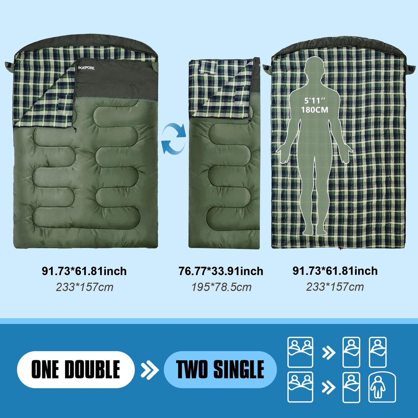 POEPORE Double Sleeping Bag Flannel for Adults with 2 Pillows 2 Person Sleeping Bags Camping XXL Queen Size Two Person Sleeping Bag for Cold Weather Green