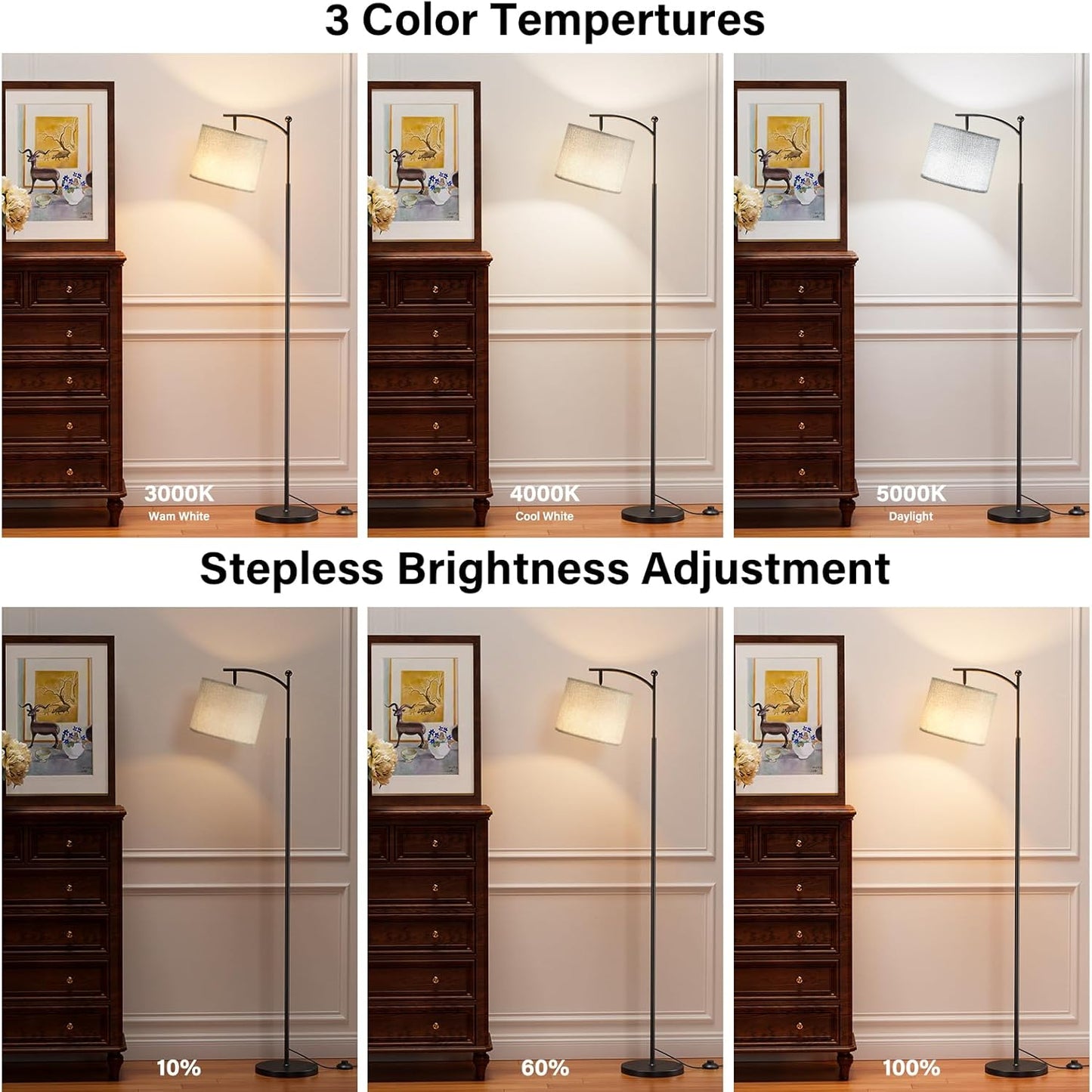 Modern 60" Floor Lamp with Remote Control & Dimmable LED Bulb - Beige Shade, Adjustable Brightness for Living Room