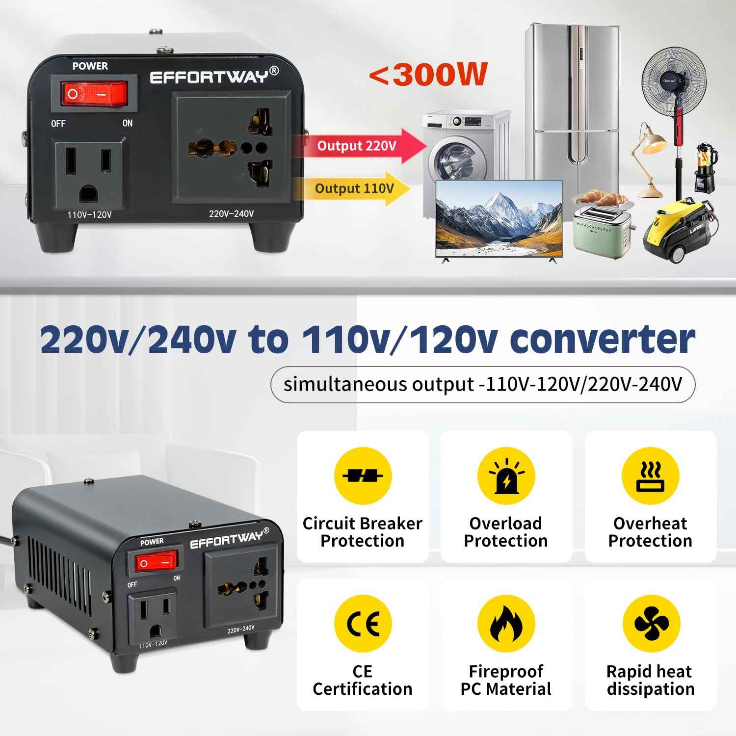 Voltage Converter 220V to 110V Converter Universal Travel Adapter 300W Step-Down Converter from 220-240V to 110-120V suitable for US to Europe and international step-down transformer socket converters