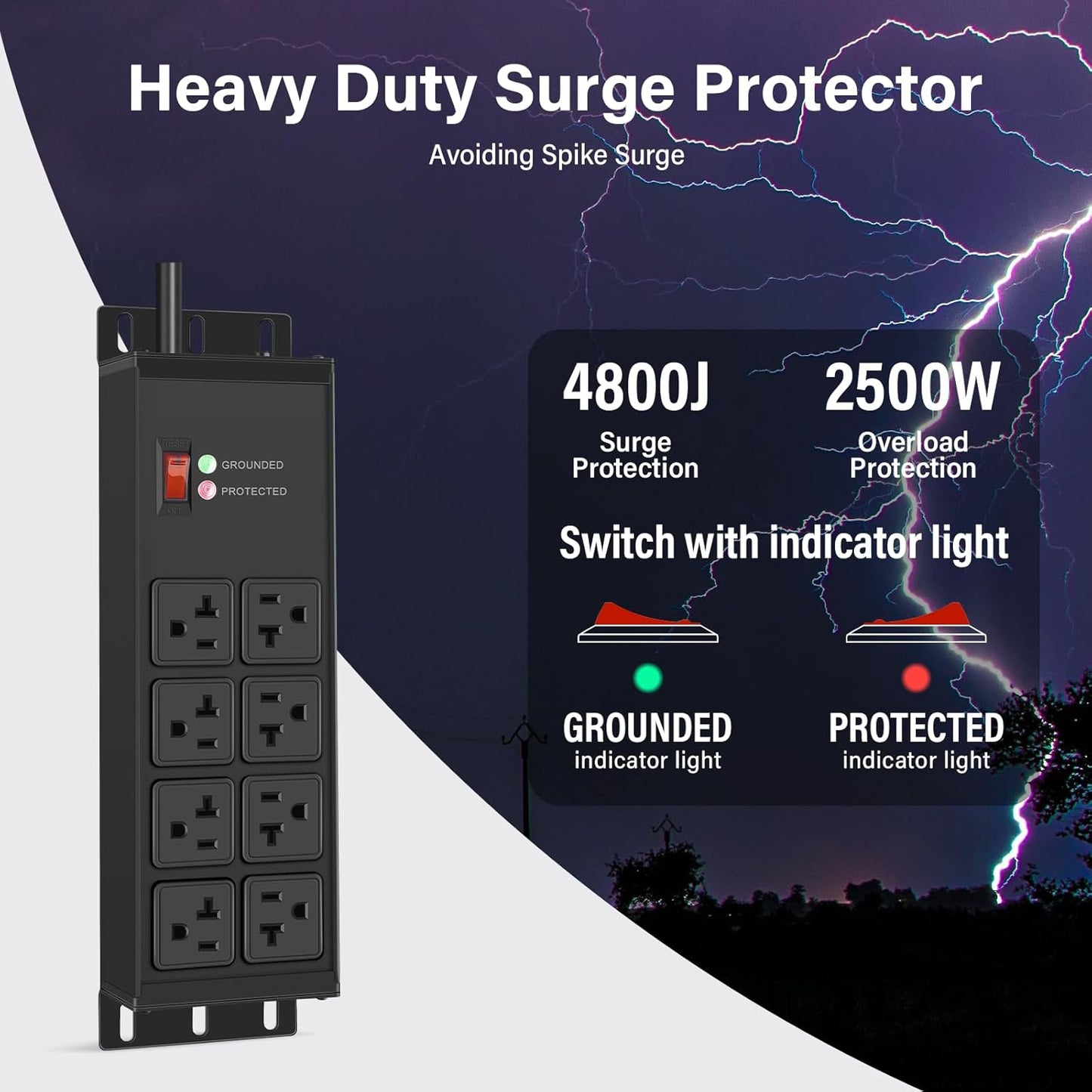 Heavy Duty 20 Amp Surge Protector Power Strip with 8 Outlets, 6FT Wall Mount - Yellow