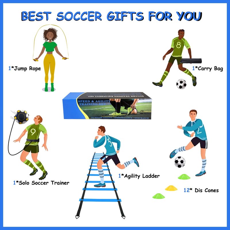 TGLITC Soccer Agility Training Equipment Set, Soccer Accessories 12 Rung 20Ft Agility Ladder, 12 Disc Cones, Solo Soccer Trainer, Jump Rope - Speed Training Equipment Gifts for boy