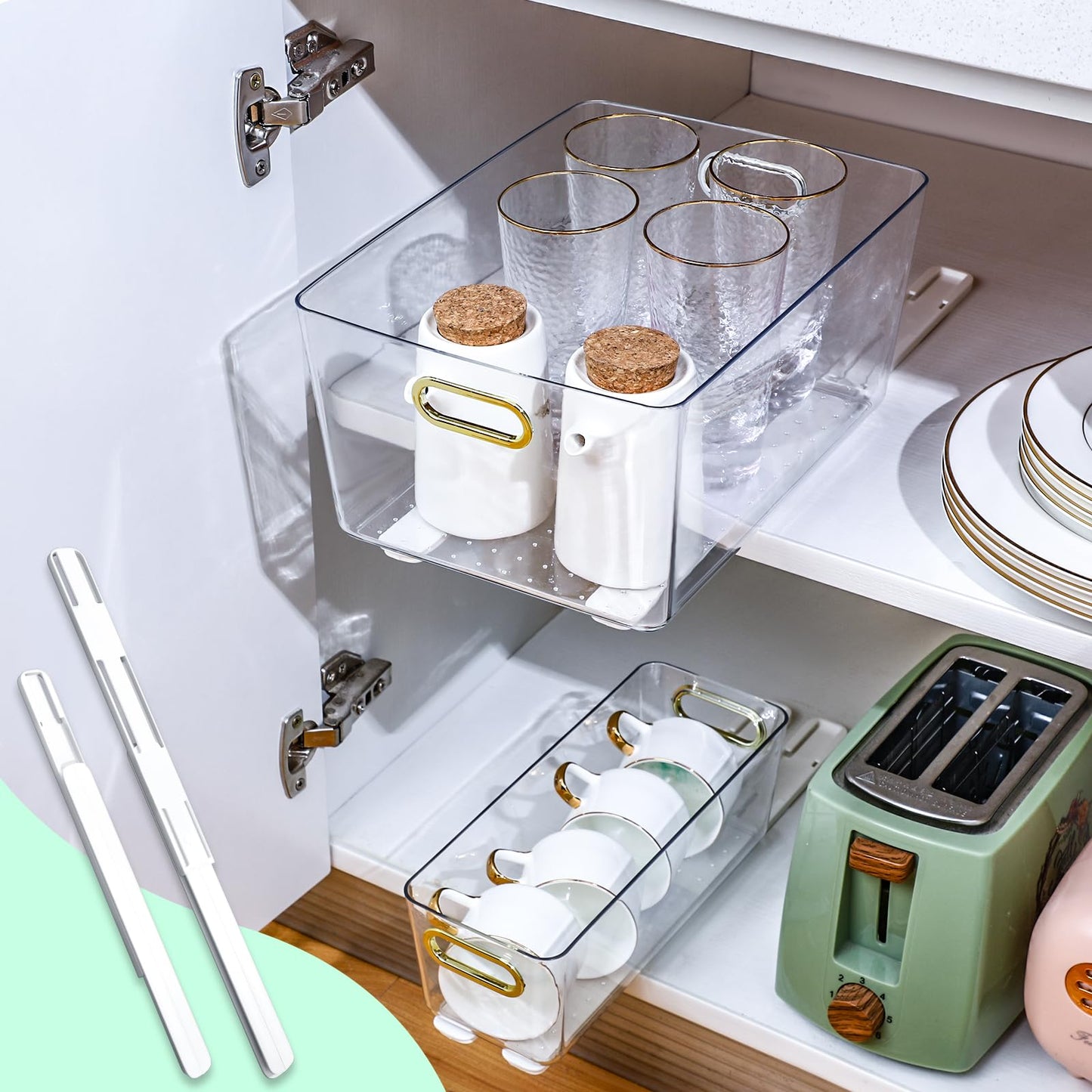 CroBlissful 4 Pcs Adhesive Sliders for Cabinets Pull Out Drawer Organizer Accessories Basket Office Glide Cabinet Tracks Runner Adhesive Drawer Slides Pull Out Replace Guide Rail for Back to School