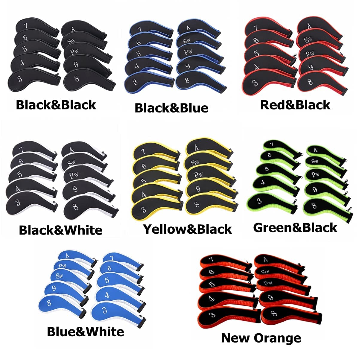 Neoprene Zipper Golf Club Iron Head Covers Iron Covers 10pcs/Set(Blue&White)