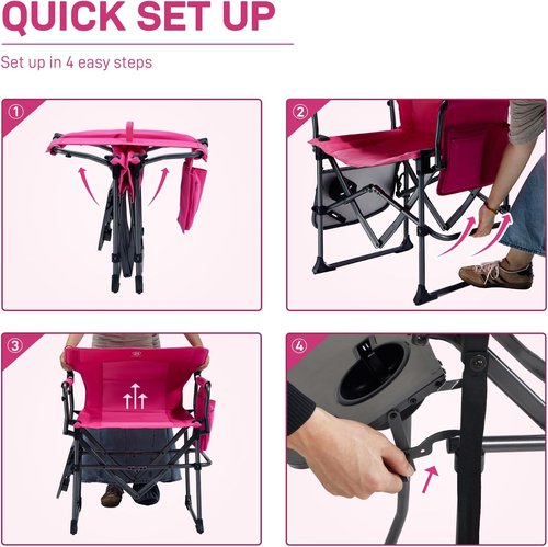 Ever Advanced Camping Directors' Chair - Heavy Duty Folding Chair with Side Table & Pocket | Compact Pink, 400lbs Capacity