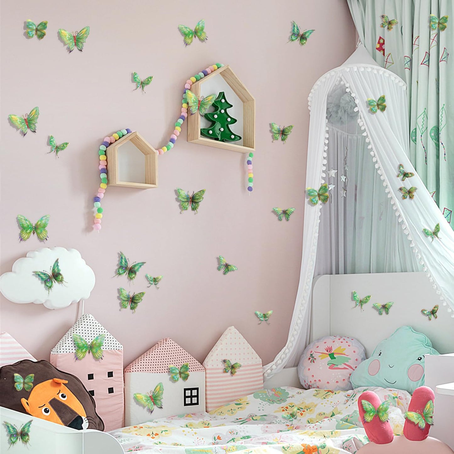 3D Butterfly Wall Decor - 50PCS Removable PVC Butterflies Wall Stickers- Multi-Size (2.8"-3.9")- DIY Removable Wall Art Decal for Kids Room, Nursery, Bedroom, Classroom, Party Decoration (Green)