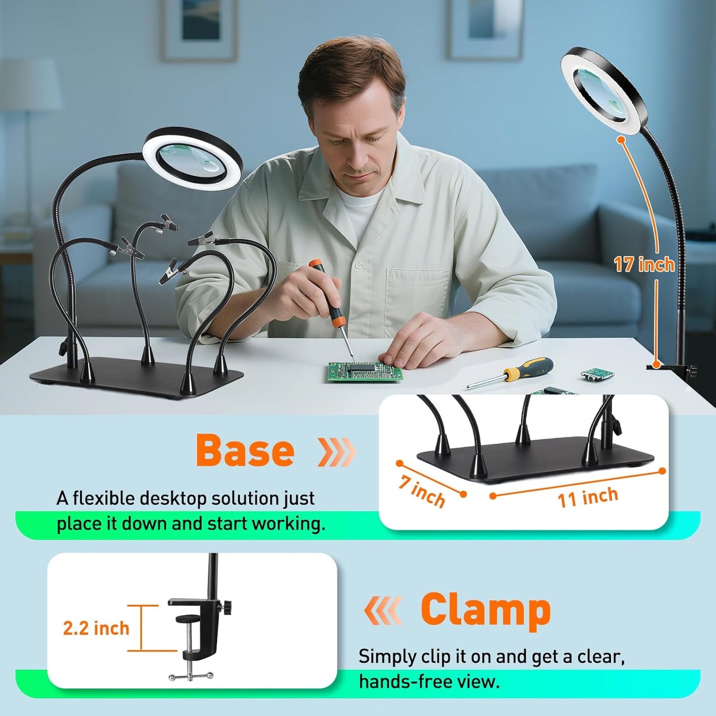 30X/12X LED Magnifying Glass with Light & Stand - Dimmable Soldering Helper for Crafts & Repairs