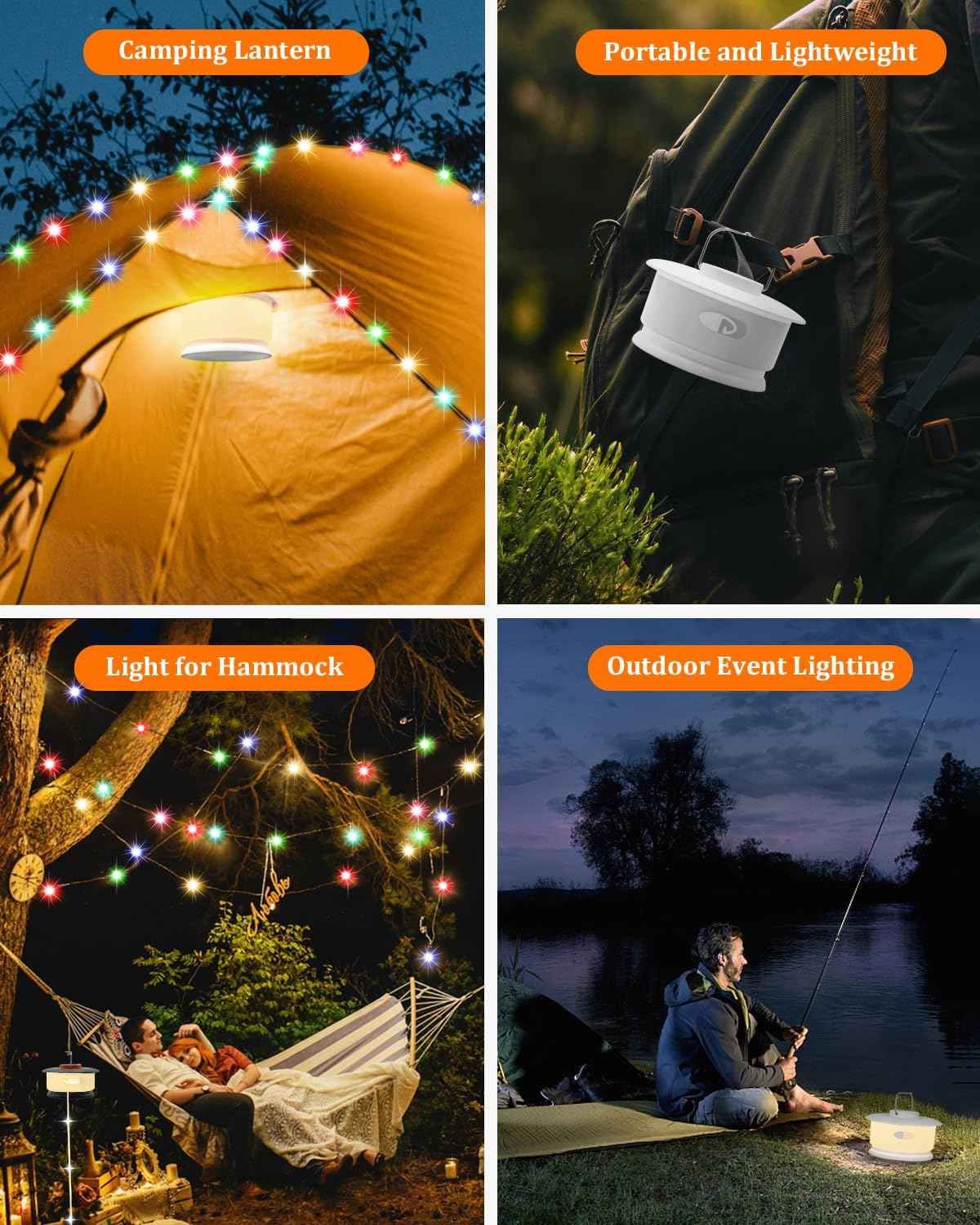 Camping String Lights 33FT, 4 in 1 RGB Retractable Camping Lights with 19 Lighting Modes,Quick 20s Storage,Waterproof,Portable Camping Lantern,Rechargeable Tent Lights for Garden Party Christmas Decor