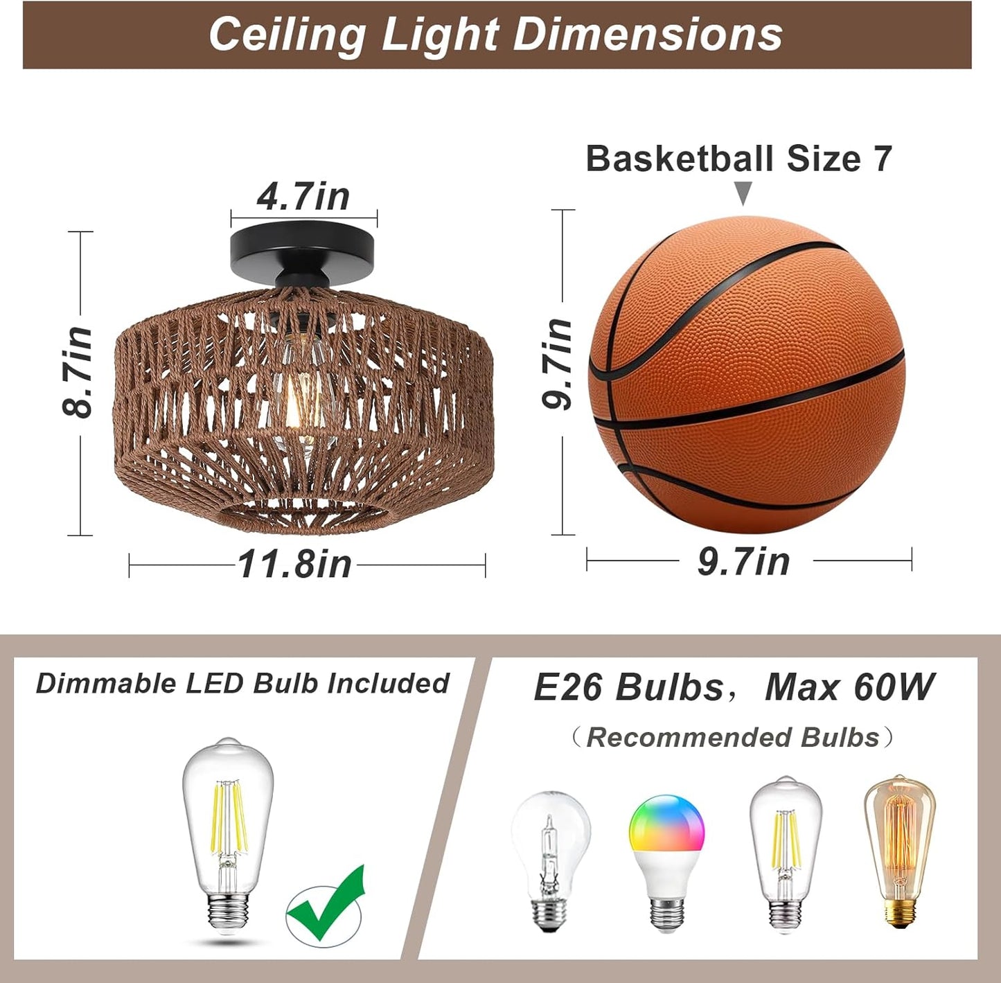 Boho Rattan Chandelier Ceiling Light Fixture with Dimmable LED Bulb - Hand Woven Flush Mount for Hallway, Bedroom, Kitchen & Living Room