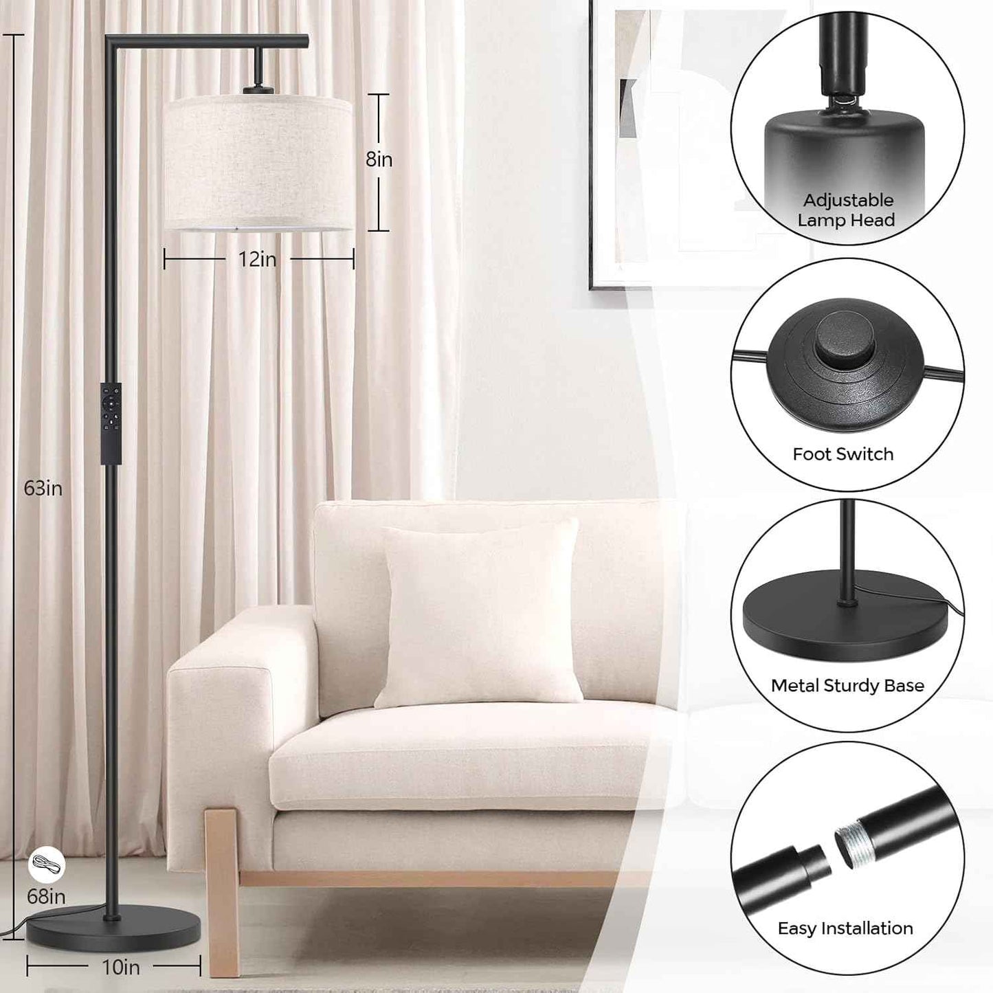Adjustable Black Floor Lamp for Living Room - 3 Color Temperatures & Beige Linen Shade