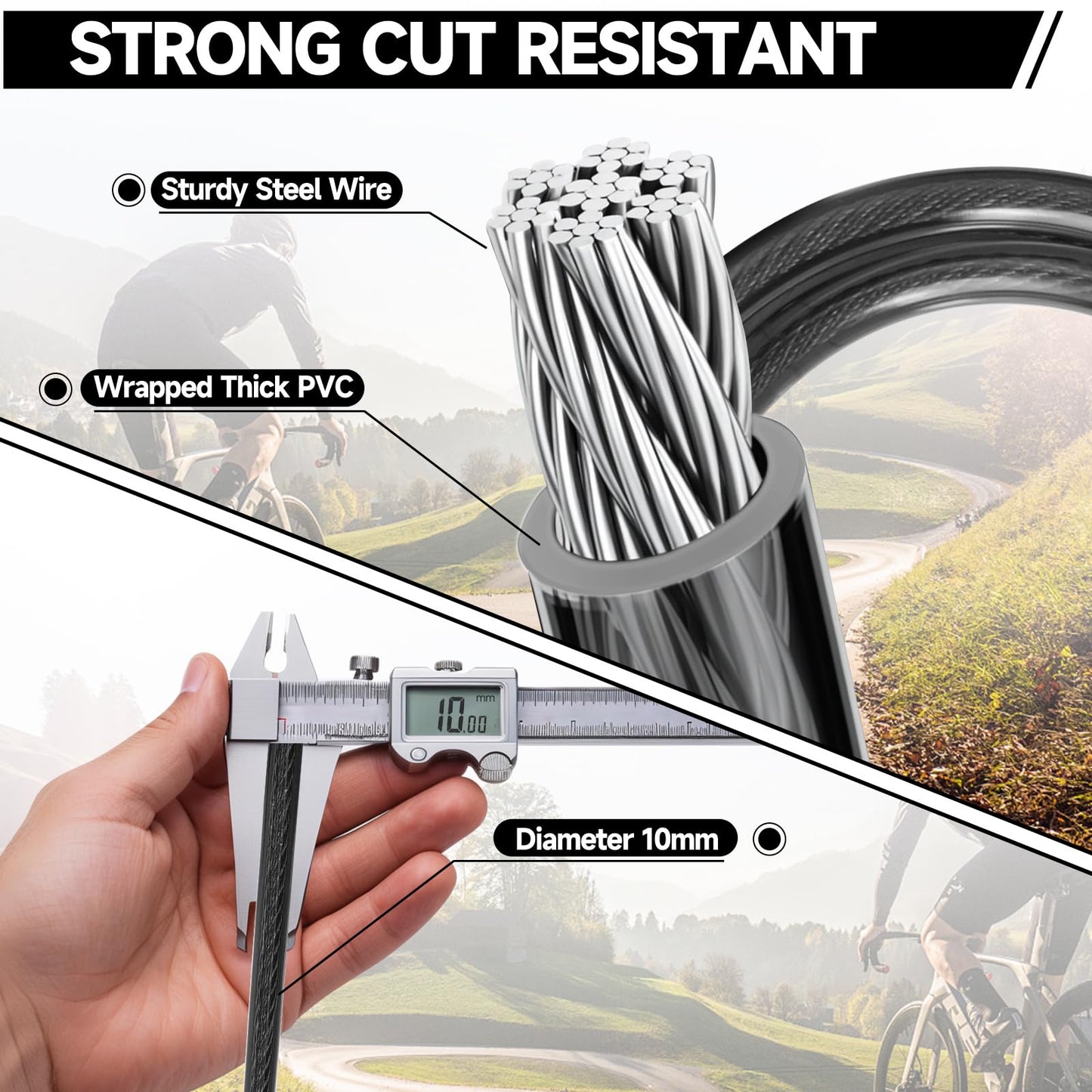FEUOWEL Bike Lock Cable, 10mm Thick/4FT Long Heavy Duty Security Cable with Loops, Vinyl Coated Cut Resistant Anti-Theft Bike Cable Lock Security Chain Bike Steel Cable (4ft, 7ft, 15ft Available)