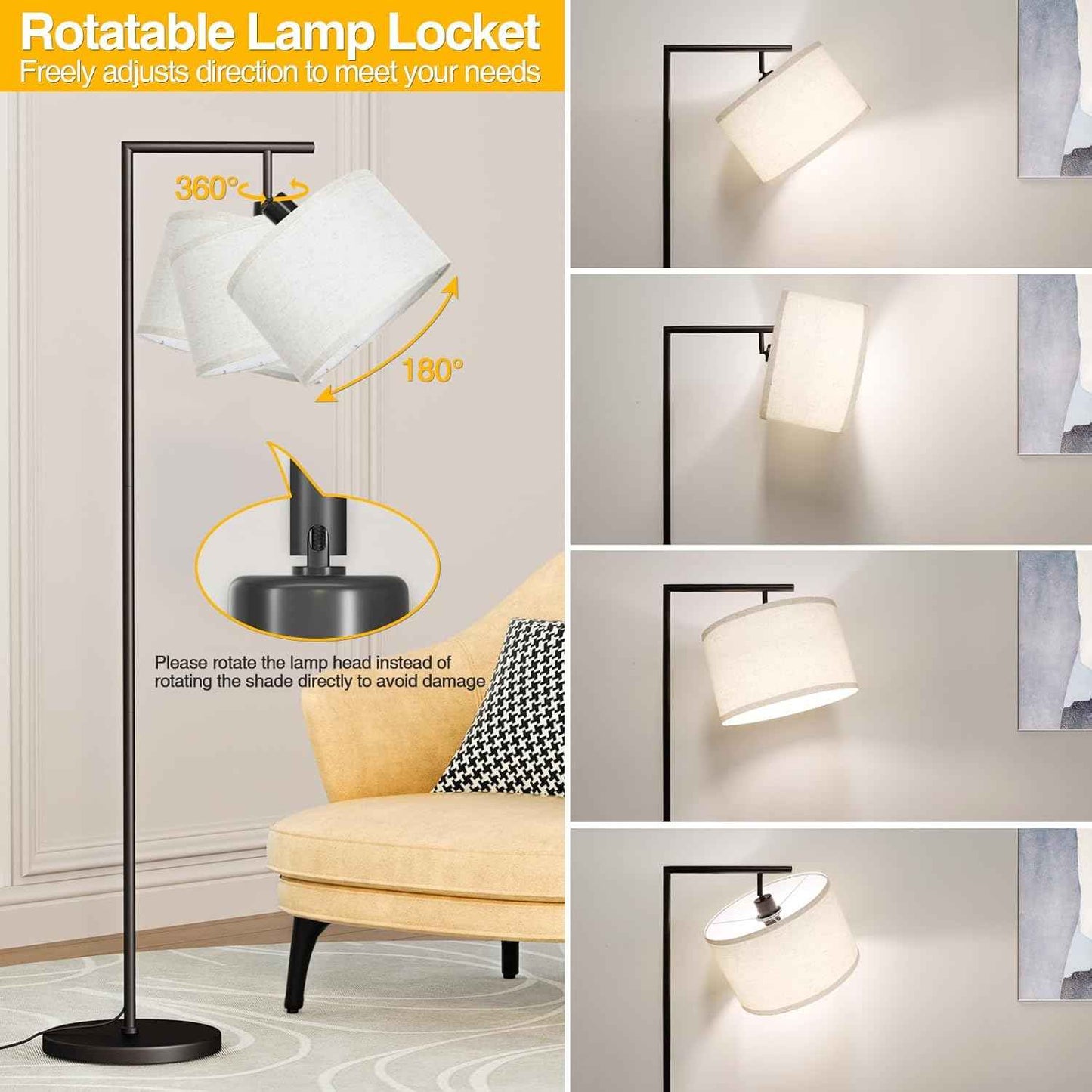 Adjustable Black Floor Lamp for Living Room - 3 Color Temperatures & Beige Linen Shade