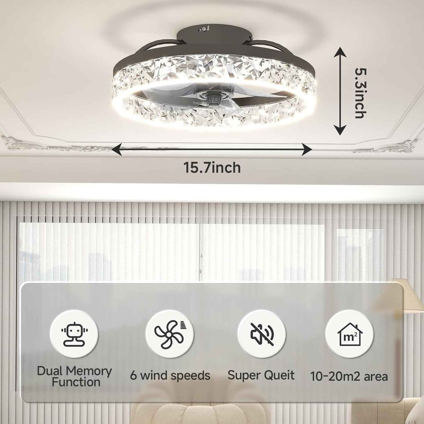 Modern Bladeless Ceiling Fan with Light & Remote - 15.7in Low Profile Fandelier, Dimmable 3000K-6500K for Bedroom