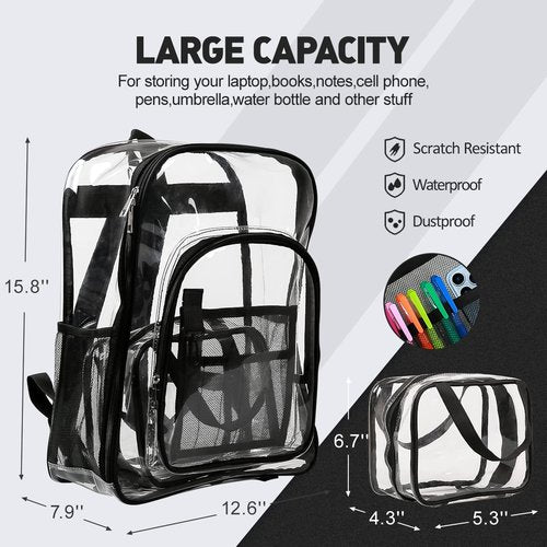 forstree 2 Pieces Heavy Duty Clear Backpack, Black PVC Waterproof Transparent Bag With Cosmetic Bag, See Through Book Bag With Lunch Bag
