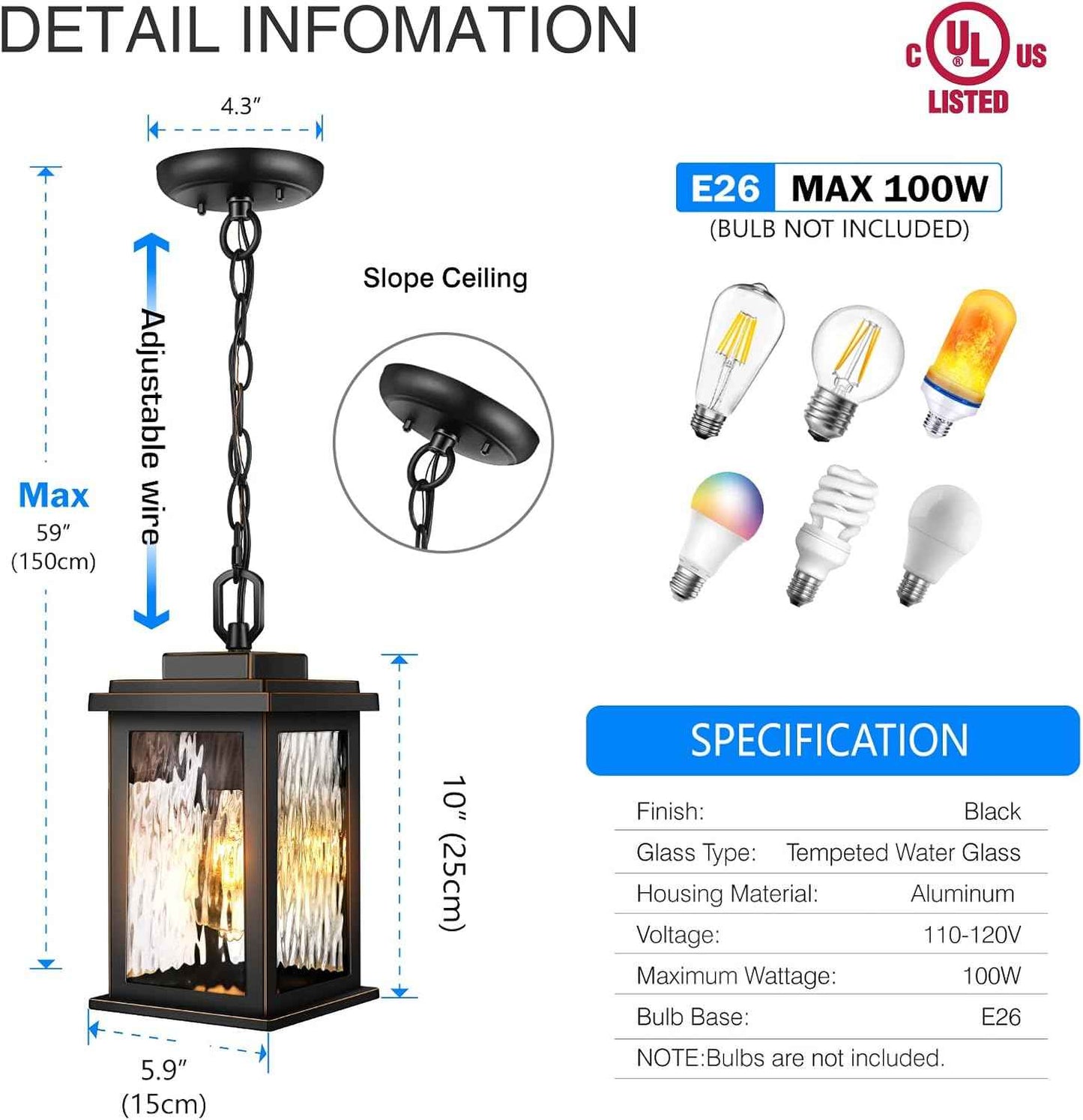 Outdoor Pendant Light - Oil Rubbed Bronze Chandelier for Porch & Patio, Adjustable Chain