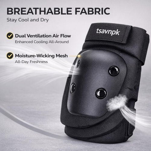 Adult Knee and Elbow Pads Set with Wrist Guards – Skateboarding Protective Gear for Adults, Adjustable Protective Pads for Roller Skating, BMX, Cycling (Black)