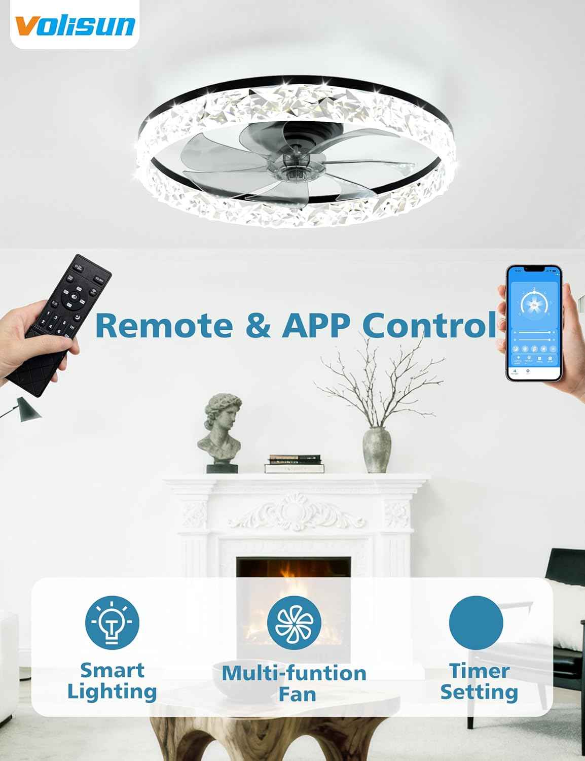 Modern Bladeless Ceiling Fan with Light & Remote - 15.7in Low Profile Fandelier, Dimmable 3000K-6500K for Bedroom