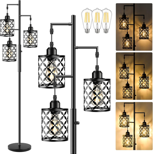 Industrial Farmhouse Dimmable Floor Lamp - 68” Tall Standing Light with Metal Cage for Living Room, Bedroom, Office - 2000LM LED Bulbs Included