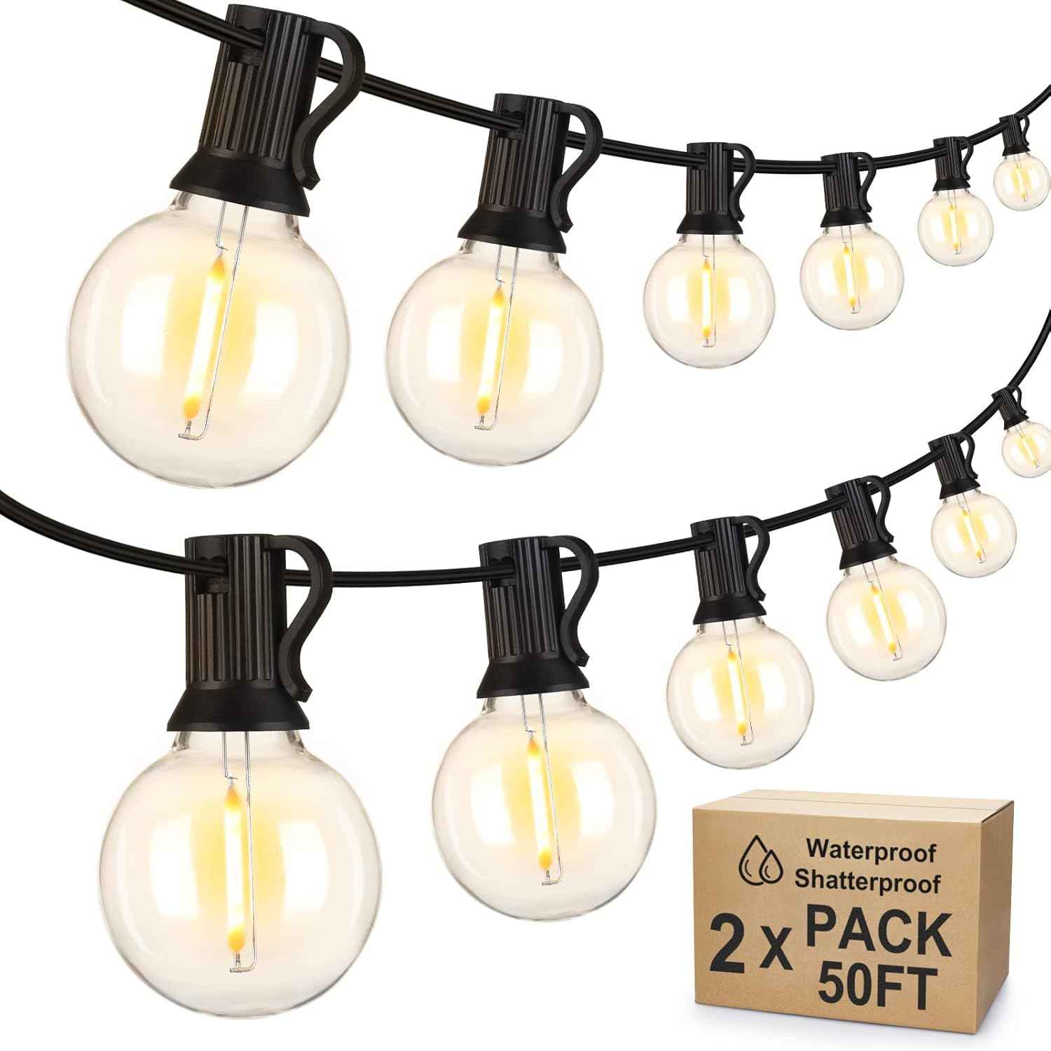 Outdoor String Lights 100FT - G40 Globe Patio Lights with 54 Waterproof LED Bulbs - Black Wire