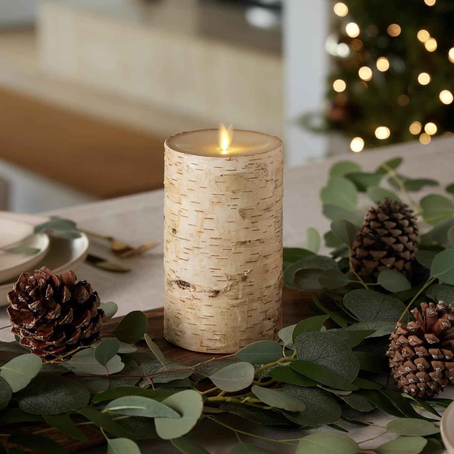 Realistic Moving Flame LED Pillar Candle with Birch Bark - Battery Operated, Remote Ready, 4x7